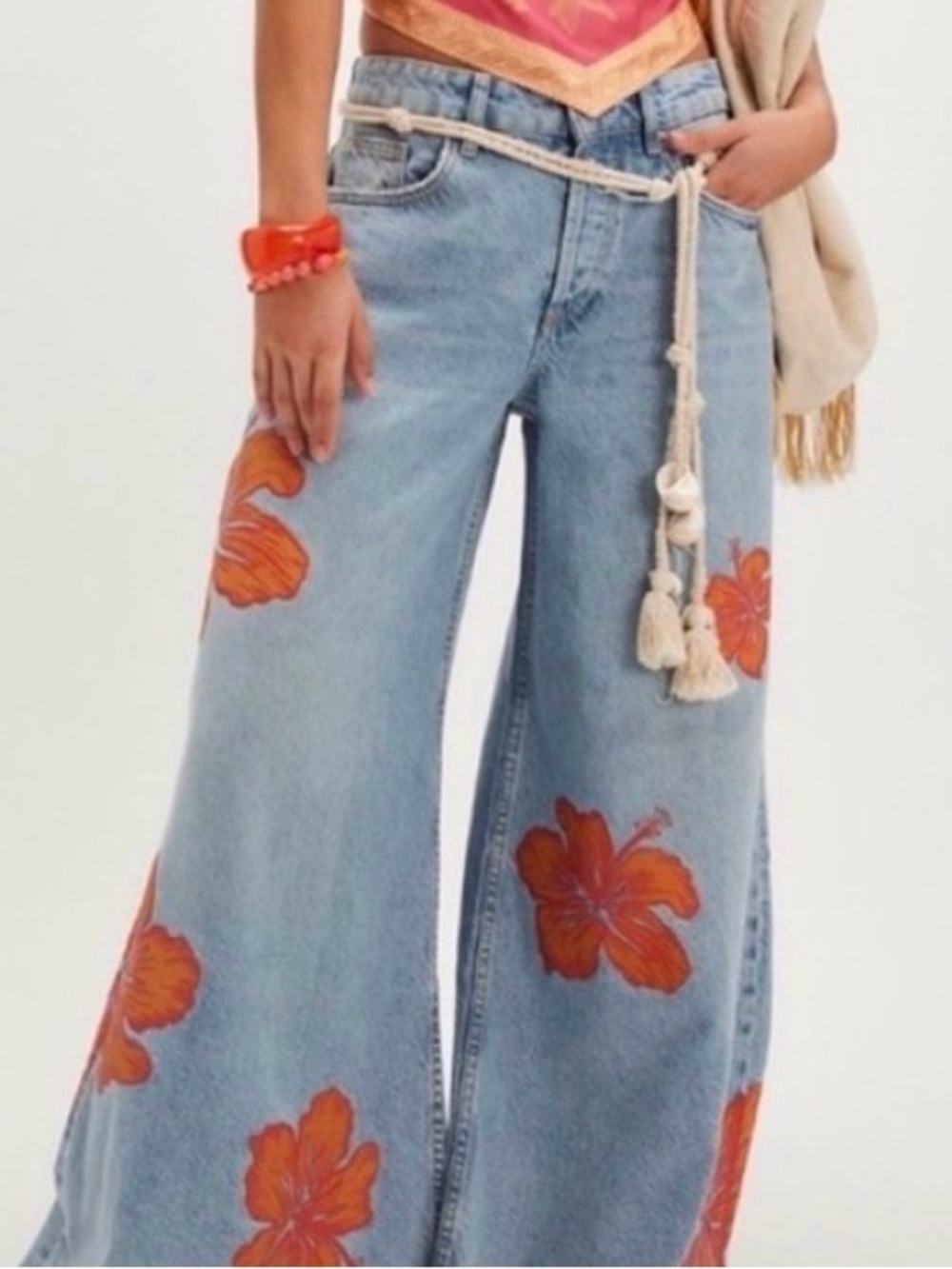 Free People Palisades Wide Leg Floral Patch Light Blue Jeans - Orange Flower